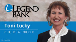 Toni Lucky Photo, Legend Bank logo,  Toni Lucky with title Chief Retail Officer